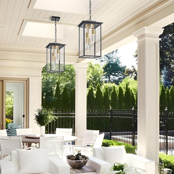 3-Color LED Outdoor Pendant Light with Remote, 3-Light 19" Large Outdoor Chandelier for Porch, Black Gold Exterior Pendant Lighting Fixtures Ceiling Mount Pendant Lantern for Patio Front Door