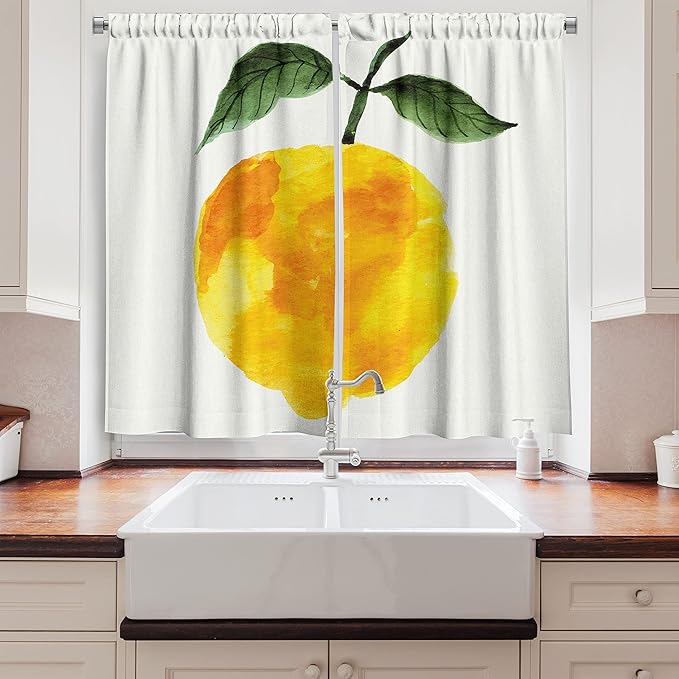 Ambesonne Yellow and Orange Kitchen Curtains, Hand Drawn Lemon Watercolors Summer Organic Food Natural Product, Window Drapes 2 Panel Set for Kitchen Cafe Decor, 55" x 39", Yellow Orange