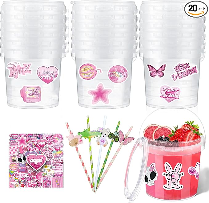 20 Pcs 34 oz Ice Cream Buckets with Lids and Handles Cocktail Rum Buckets for Drinks With 100 Pcs Pink Girl Stickers 20 Pcs Cute Straws Reusable Food Storage Containers for Party Summer Beach Supplies