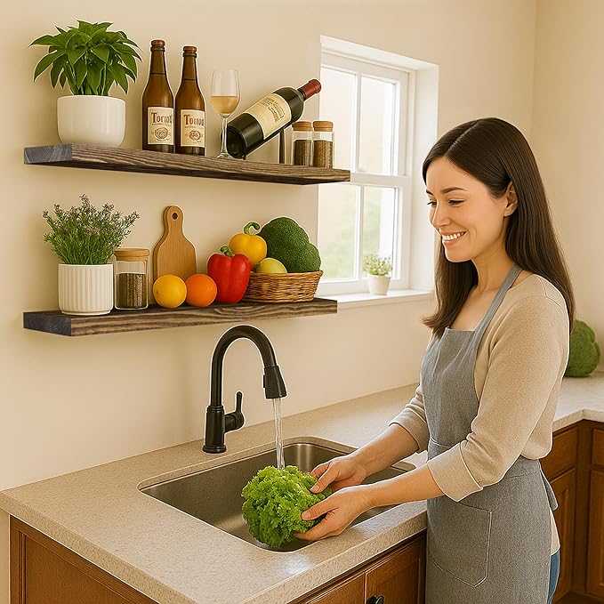 BGMG 36 inch Walnut Floating Shelves for Wall Set of 2, Solid Real Wood Rustic Mount Shelves for Living Room Bedroom Kitchen Farmhouse with Sturdy Hidden Bracket-36x 6.7 x1.25 inch