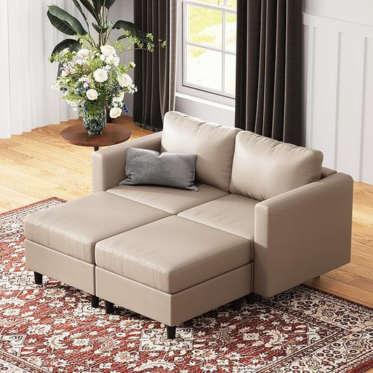 64.6" Faux Leather Loveseat Sleeper Sofa Bed with Storage Seat, Modern Modular Sectional Couch Deep Seat with Reversible Chaise 2-Seat Whitesand for Apartment, Living Room, Bedroom