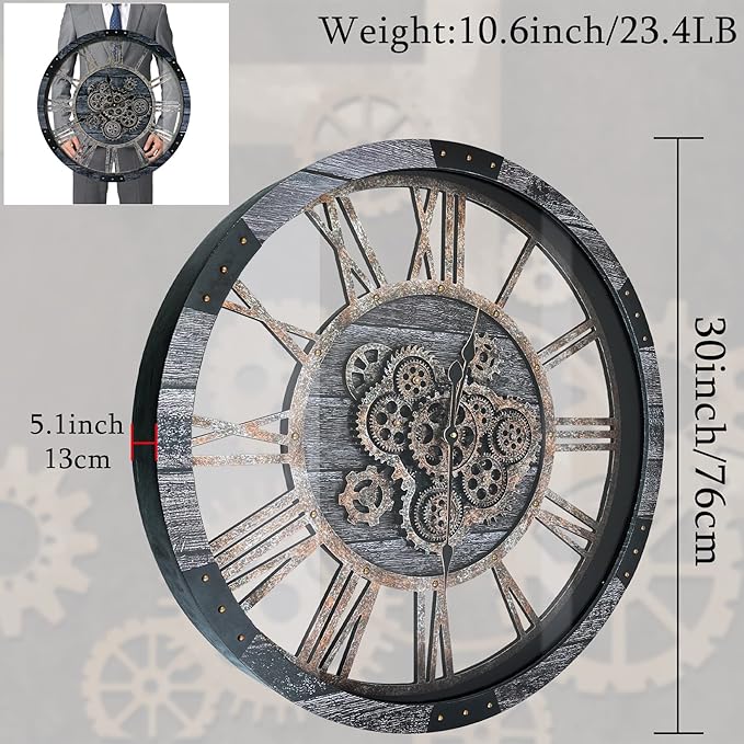 30 Inch Industrial Steampunk Wall Clock, Gray, Battery Operated, Real Rotating Gears, Solid Wood Frame, Oversized Wall Clock for Living Room Decor