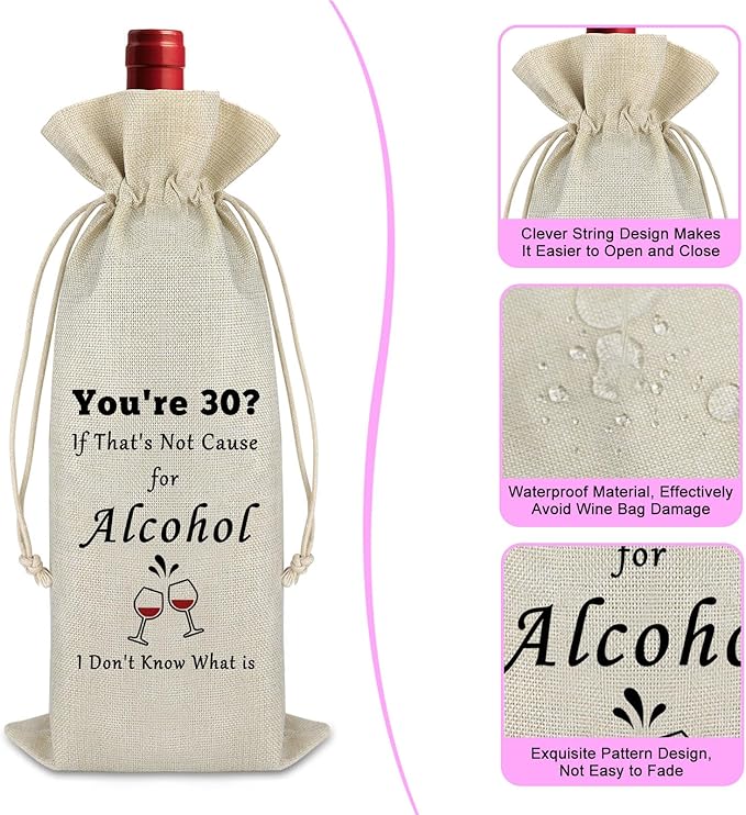 30th Birthday Gifts for Men Women Wine Bag 30th Birthday Decorations Burlap Wine Wrap Bag Birthday Ideas Gift for Him Dad Husband Friends Turning 30 Year Old Gift Christmas Bachelor Party Gift