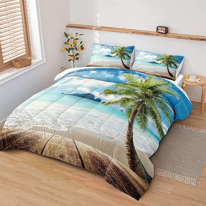 Bedbay Coastal Beach Comforter Set King Beach Themed Comforter Bedding Set Tropical Palm Tree Quilt Set 4 Pcs Beach Room Decor Sunny Beach Coastal Bedding Set King Duvet Set (Beach,King)
