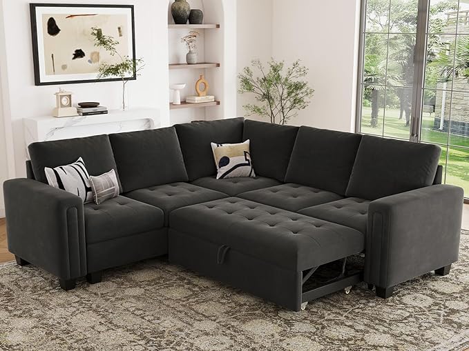 Belffin Modular Sectional Sleeper Sofa with Pull Out Couch Bed Velvet Convertible L Shaped Sectional Couch for Living Room Apartment Grey