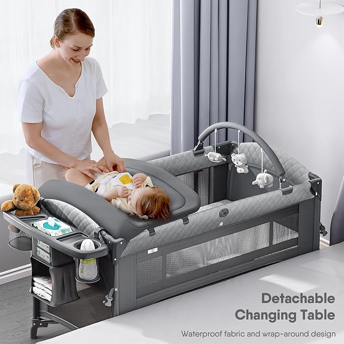 4 in 1 Baby Bassinet, Pack and Play, Bedside Crib Sleeper, Diaper Changer - Comes with Mattress, Mosquito Net，Bottom Storage and Toy Bar for Newborn to Toddles