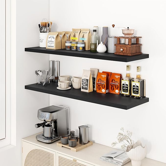 48" Floating Shelves for Wall, 12" Deep Slim Black Floating Shelves, Wall-Mounted Shelves for Bedroom, Living Room, Kitchen, Bathroom - Set of 2