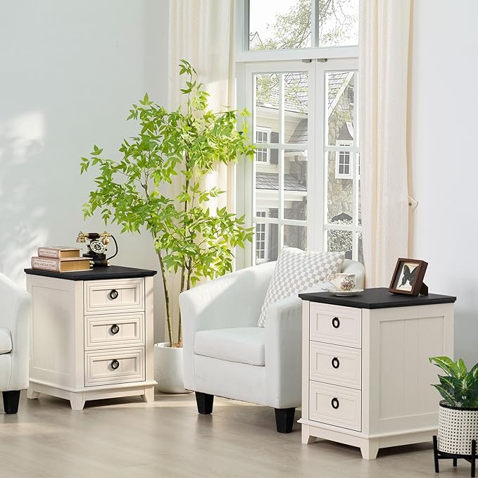 18" Farmhouse Night Stand with 3 Drawers, Wood End Table Dresser for Bedroom, White Nightstand, Bed Side Table with Metal Handle, Bedside Cabinet for Bedroom Living Room, Closet