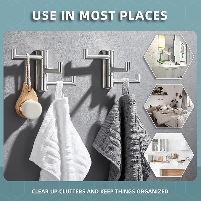 Angle Simple Swivel Towel Hooks, SUS 304 Stainless Steel Foldable Robe Hand Towel Holder for Bathroom Kitchen Wall, Brushed Nickel, 2 Pack