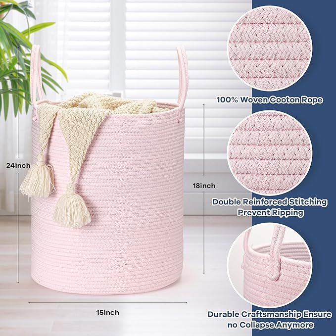 Baby Laundry Basket Hamper,Woven Cotton Rope Pink Laundry Basket Nursery Hamper Bin Storage Basket for Girls Kids Living Room Bedroom Cute Boho Tall Woven Rope baskets for Clothes Blanket Toys Large