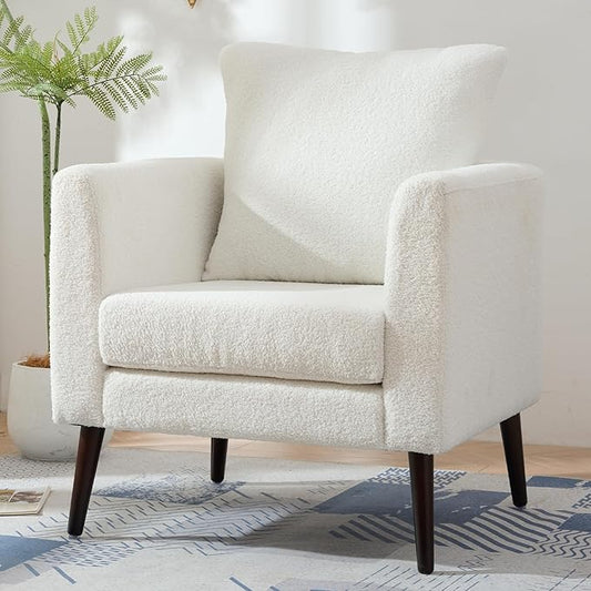 Barrel Accent Chair with Back Pillow, Large Teddy Upholstered Armchair with Solid Wood Legs Modern Reading Chairs for Living Room Bedroom