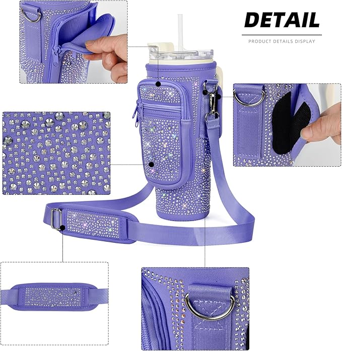 Bling Water Bottle Carrier Bag with Phone Pocket,Water Bottle Holder Bag for Stanley Cup Accessories,Cup Holder with Adjustable Shoulder Strap with Stanley 40 & 30 oz Tumbler,Purple
