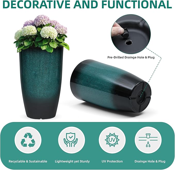 23.6" H Large Tall Outdoor Planters, Set of 2 Plastic Large Flower Pots for Outdoor Plants, with Gradient Turquoise Finish, Weather-Resistant for Porch, Garden, Patio or Indoor Use