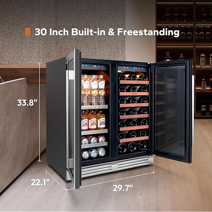Ca'Lefort 30 Inch Wine and Beverage Refrigerator, 80 Can and 33 Bottle French Door Wine Refrigerator 36-72°F, 3 LED Wine Fridges with Glass Door, Built-in or Freestanding for Home/Kitchen (6.00 cu.ft)