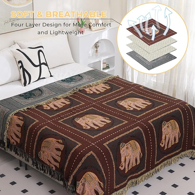 Boho Throw Blanket for Bed with Tassels,100% Cotton Ultra Soft and Cozy Large Blanket Elephant Printed Farmhouse Decor Bed Blankets,80"×90" All Season Rustic Throw for Sofa Couch Chair-Brown