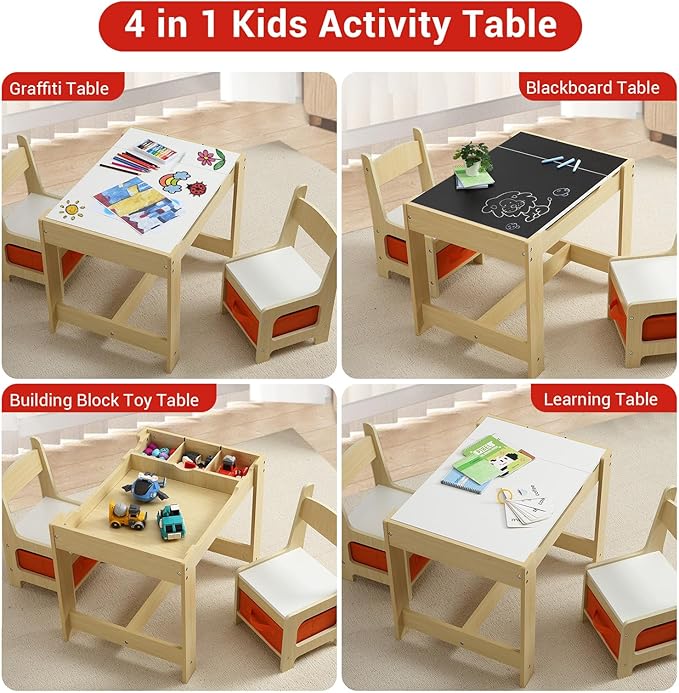 4-in-1 Kids Activity Table Set, Kids Table and Chair Set with/Storage, Removable Tabletop, Chalkboard, 3-Piece Toddler Furniture Set for Art, Crafts, Drawing, Reading, Playroom