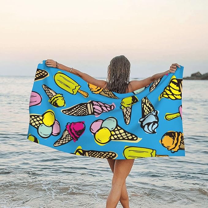 Beach Towel, Vintage Ice Cream Doodle Beach Towel Oversized Sand Proof Absorbent, Quick-Dry Bath Pool Swim Towel for Shower Spa Vacation, 29.5” X 59”