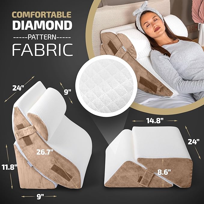 5pcs Orthopedic Bed Wedge Pillow Set w/Leg Elevation Pillow - Perfect Adjustable Memory Foam Pillows for After Surgery Recovery, Back Support, Pain Relief, Acid Reflux, Sleeping & GERD