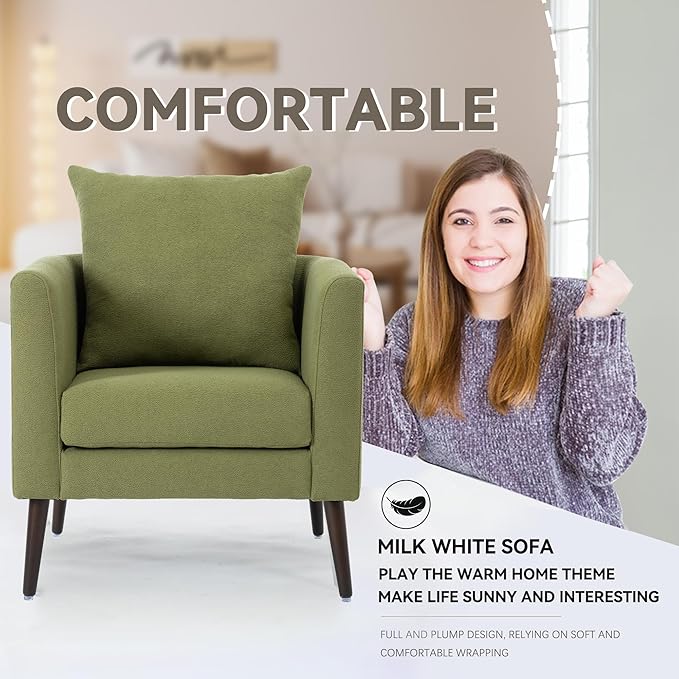 Barrel Accent Chair Set of 2 with Back Pillow, Large Upholstered Armchair with Solid Wood Legs Modern Reading Chairs for Living Room Bedroom