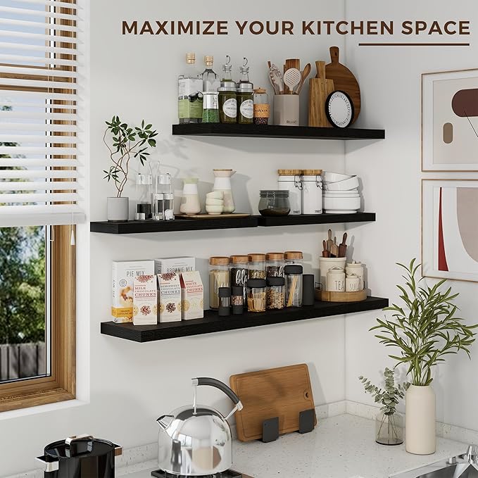 24 inch Floating Shelves Long Floating Shelves for Wall Large Wall Mounted Shelves with Invisible Brackets, Black Shelves for Bathroom, Living Room, Kitchen, Office, 24x6.7 inch deep Set of 2