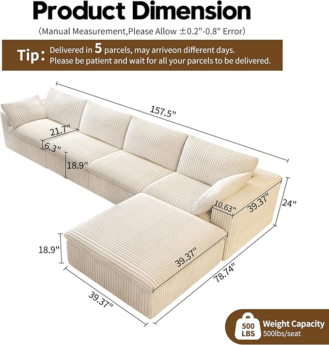 157.5" L Shaped Modern Sofa Modular Sectional Cloud Couch with Ottoman,Deep Seat Upholstered Couches with Corduroy Fabric for Living Room Furniture,Bedroom and Apartment,No Assembly Required,White