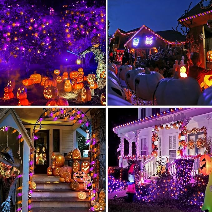 2PK 100 LED Purple and Orange C9 Halloween Lights Indoor Outdoor, Extendable 98FT C9 String Lights with 13 Modes & Timer, Waterproof Plug in Halloween Decorations for Tree Patio Fall Party Garden