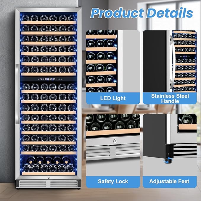 24 Inch Wine Fridge,180 Bottles Dual Zone Wine Cooler Refrigerator, Built-in or Freestanding Wine Refrigerator with Glass Door and Safety Lock, Low Noise, Large Wine Cellar for Home, Office, Kitchen