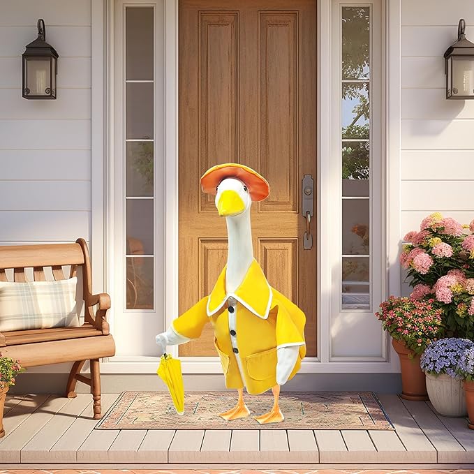 23 Inch Porch Goose Raincoat Outfit with Umbrella– Cement Goose Clothes for Porch Goose Statue, Waterproof Outdoor Goose Outfit for Lawn & Garden Decor