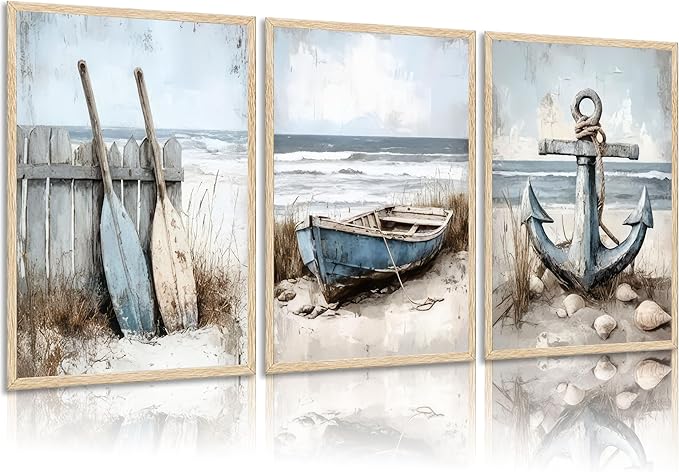 3Pcs Nautical Beach Wall Art Sailboat Paddle and Anchor Paintings Pictures Wall Decor Nautical Coastal Posters Prints Artwork for Living Room Bedroom Home Office Corridor Home Decroation Unframed