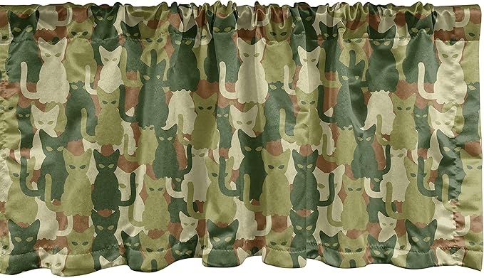 Ambesonne Camo Window Valance, Kitten Silhouette Protective Cat Theme in Jungle Colors Animal Silhouettes, Curtain Valance for Kitchen Bedroom Decor with Rod Pocket, 54" X 18", Green Cream