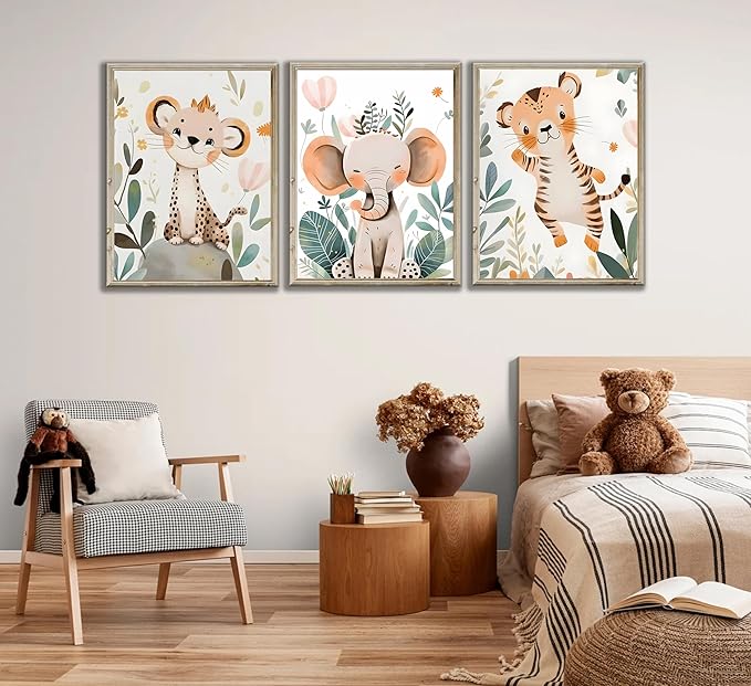 3 Pcs Safari Animals Nursery Canvas Wall Art Jungle Animals Cheetah Elephant Tiger Kids Room Illustration Pictures Wall Decor Posters Print Artwork for Classroom Boy's Girl's Room Bedroom