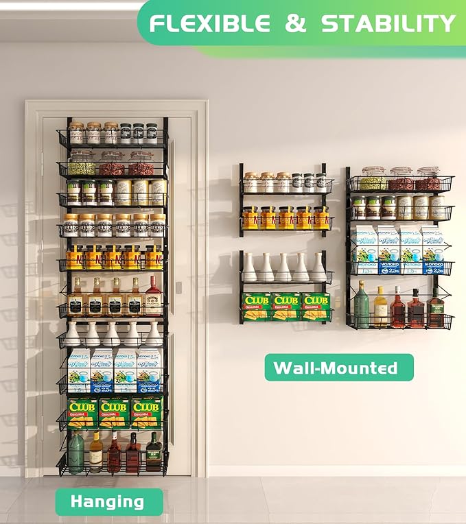 10-Tier Over The Door Pantry Organizer, Pantry Organization and Storage, Black Metal Hanging Adjustable Basket, Wall Spice Rack Seasoning Shelves, Home & Kitchen Essentials