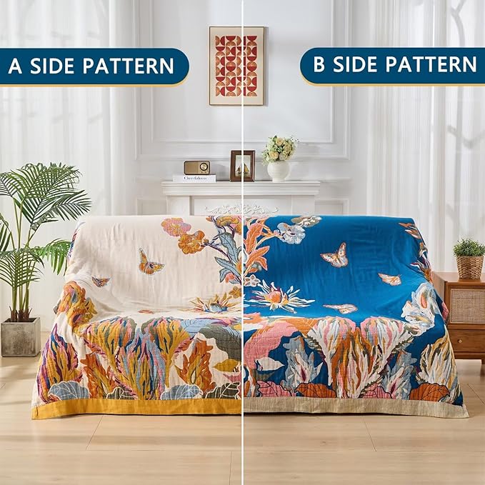100% Muslin Throw Blanket for Couch, Butterfly and Floral Double Embroidery Summer Throw Blanket 60"x80" for Bed, Chair, Woven Cotton Reversible Mexican Blanket