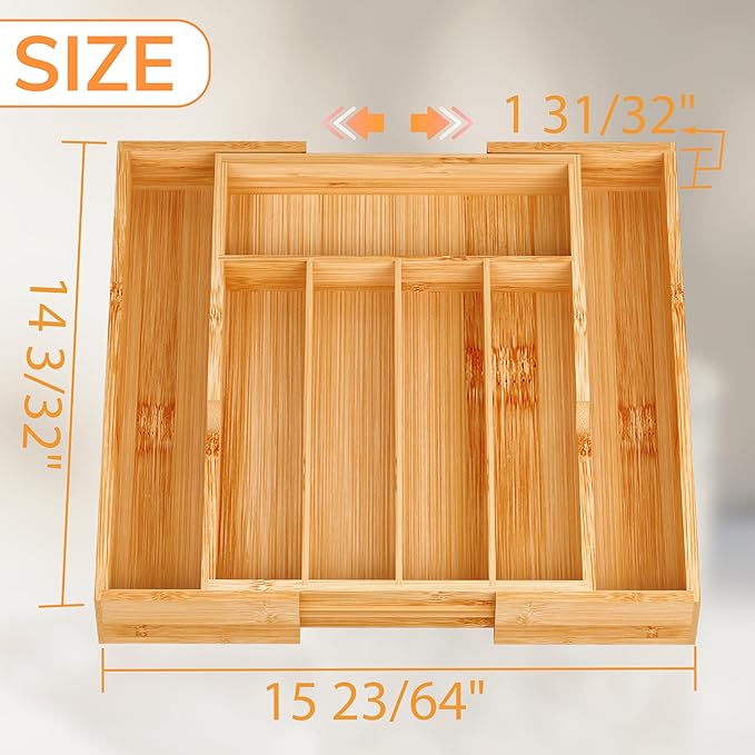 BAMEOS Bamboo Expandable Drawer Organizer, 5-7 Slots Kitchen Drawer Organizer, Adjustable Cutlery Tray for Utensils, Silverware & Flatware (Natural)