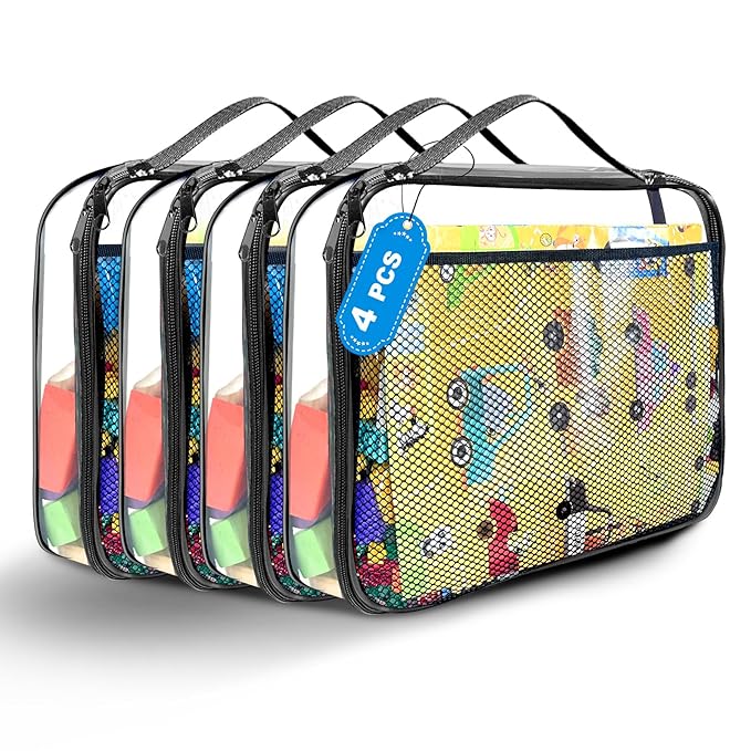 4 Packs PVC Toy Zippered Blocks, Travel Storage Case Bags for Organizing, Waterproof Toy Storage Bags with Mesh Pockets for Building Blocks, Puzzles, Clays,Toy Cars 13.3"Lx3" Wx10.4" H (Black).