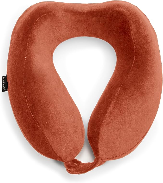Brookstone Contoured Memory Foam Head and Neck Travel Pillow Ergonomic and Lightweight, Terra Cotta