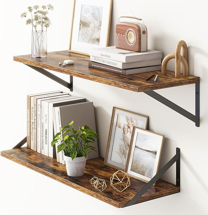10 Inch Deep Floating Shelves, Floating Shelves 30 Inch Long, Rustic Wood Wall Shelves 30"W x 10"D, Deep Floating Shelf with Bracket, Wide Storage Shelves for Living Room, Bathroom, Rustic Brown