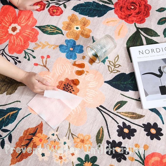 Bedroom Rug 3x5 Rug Washable Area Rug Non Slip Low Pile Boho Floral Small Carpet for Bedroom, Bedside, Kitchen, Entryway, Kids Room, Office, College Dorm Essentials for Girls(Beige)