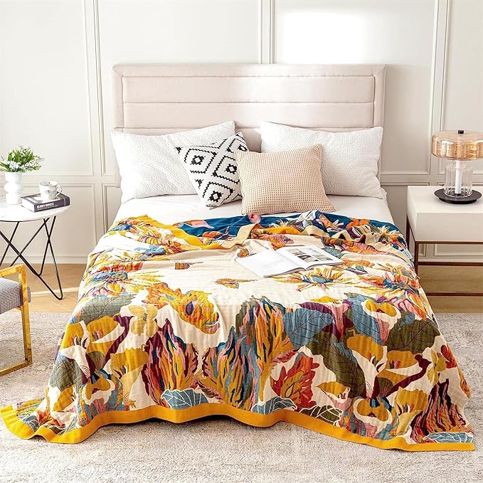 100% Cotton Throw Blanket for Bed Couch Summer 98''x 98'' Super Soft Muslin Blankets Warm Boho Quilt Lightweight Farmhouse Decorative Bed Blankets