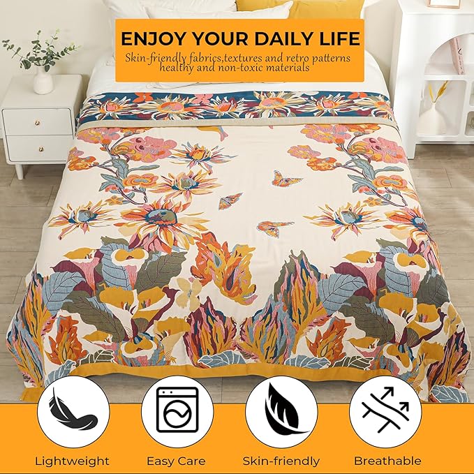 Boho Throw Blanket for Bed,100% Cotton Breathable Muslin Soft Throw, Fall Bed Throw Blanket Floral Bird Butterfly Printed Decor Large Blankets,80"×90" Rustic Farmhouse Throw for Sofa Couch Chair