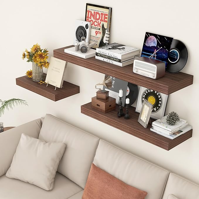 12 Inch Deep Floating Shelves, 48W x 12D Rustic Large Floating Shelves, Deep Walnut Wood Wall Shelves Set of 1 for Living Room Bathroom Laundry Room Bedroom Kitchen Home Office - Walnut