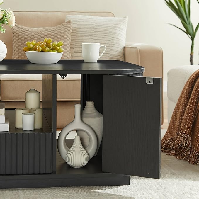 46.5" Oval Coffee Table with Drawers and Storage Mid Century Modern Fluted Solid Wood Side Coffee Tables, Luxury Tea Table Center Table for Living Rooms Offices Apartmen, Black