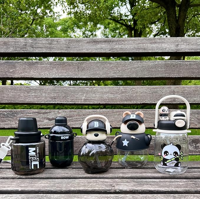 Black Leak-Proof Water Bottle with Flip Top BPA Free Reusable Plastic Drinking Bottle for School, Gym and Workout (Panda), Clear