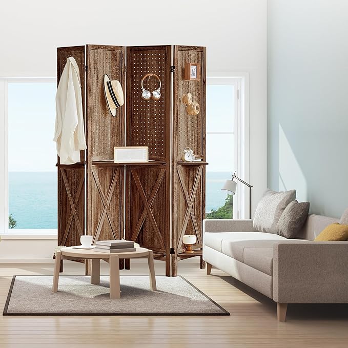 4 Panel Pegboard Display with 16 Hooks, Wooden Pegboard Room Divider Wall with Shelf, Rustic Room Dividers and Folding Privacy Screens, Bedroom, Jewelry Store, Brown