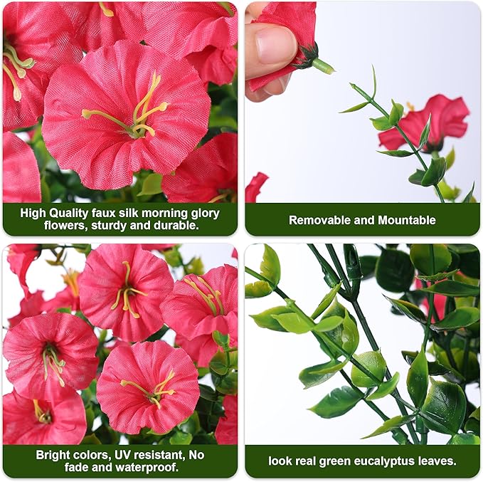 Artificial Flowers for Outdoors Fake Plants Outside Decoration, 12 Bundles Silk Hot Pink Morning Glory UV Resistant Look Real Faux Flowers for Planter Front Door Porch Patio Yard Gardens Home