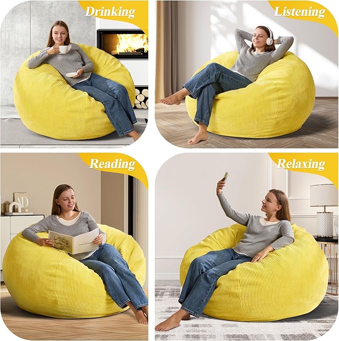 3.5FT Bean Bag Chairs Teardrop Bean Bag Chair for Adults Beanbag Chair with Memory Foam Filled Machine Washable Cover for Living Room, Bedroom (Large,Yellow)