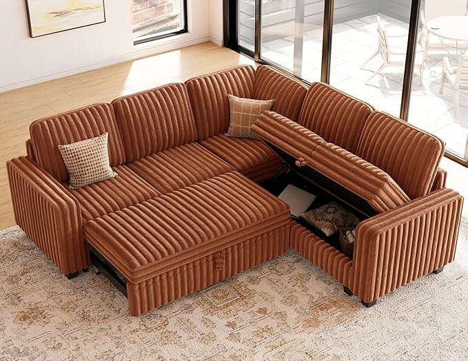 Belffin Plush Corduroy Modular Sectional Sofa with Pull Out Bed Convertible Small Sectional Corner Couch for Living Room Brick Red Couch