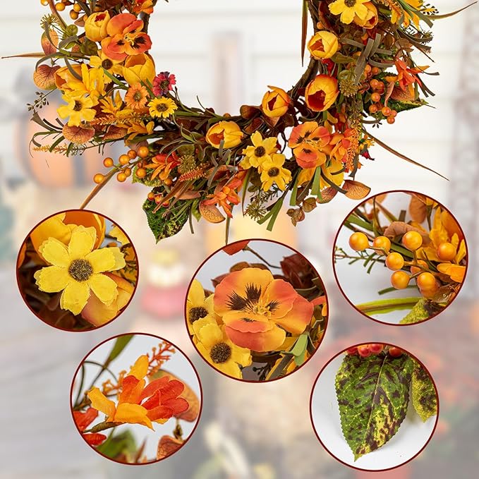 18 Inches Fall Wreaths for Front Door Rustic Autumn Wreath Farmhouse Fall Floral Wreaths with Tulips Phalaenopsis Orange Wildflowers for Wall Window Porch Indoor Outside Decor