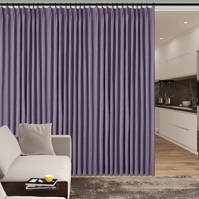 70" W x 108" L Faux Linen Room Divider Curtains, Full Blackout Pinch Pleated Drapes for Traverse Rod, Bedroom Divider Privacy Drapery with Hooks for Ceiling Track, 1 Panel, Violet