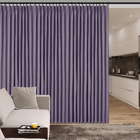 100" W x 96" L Faux Linen Room Divider Curtains, Full Blackout Pinch Pleated Drapes for Traverse Rod, Bedroom Divider Privacy Drapery with Hooks for Ceiling Track, 1 Panel, Violet